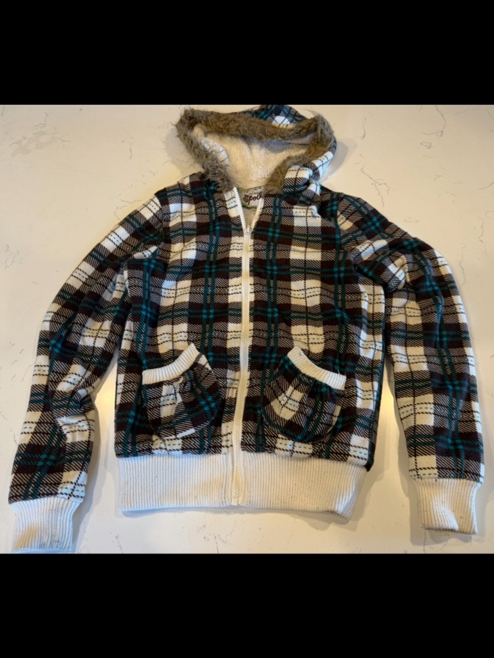 Give to Be Spoiled Y2K Plaid Sherpa-Lined Faux Fur Hood Zip Jacket M